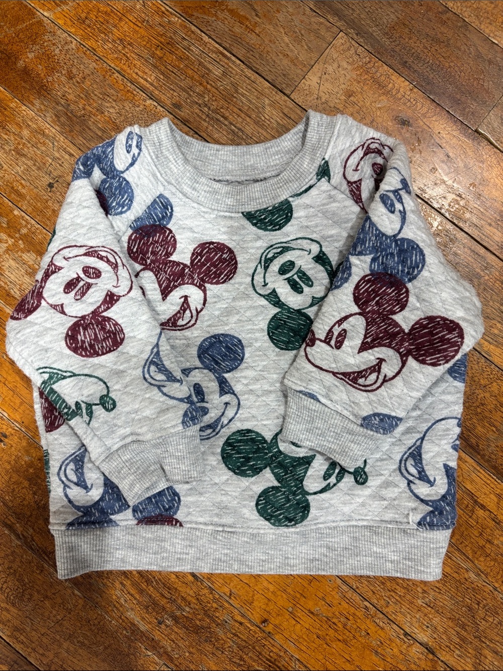 Disney Gray Quilted Mickey Mouse Pullover with Multicolor Faces